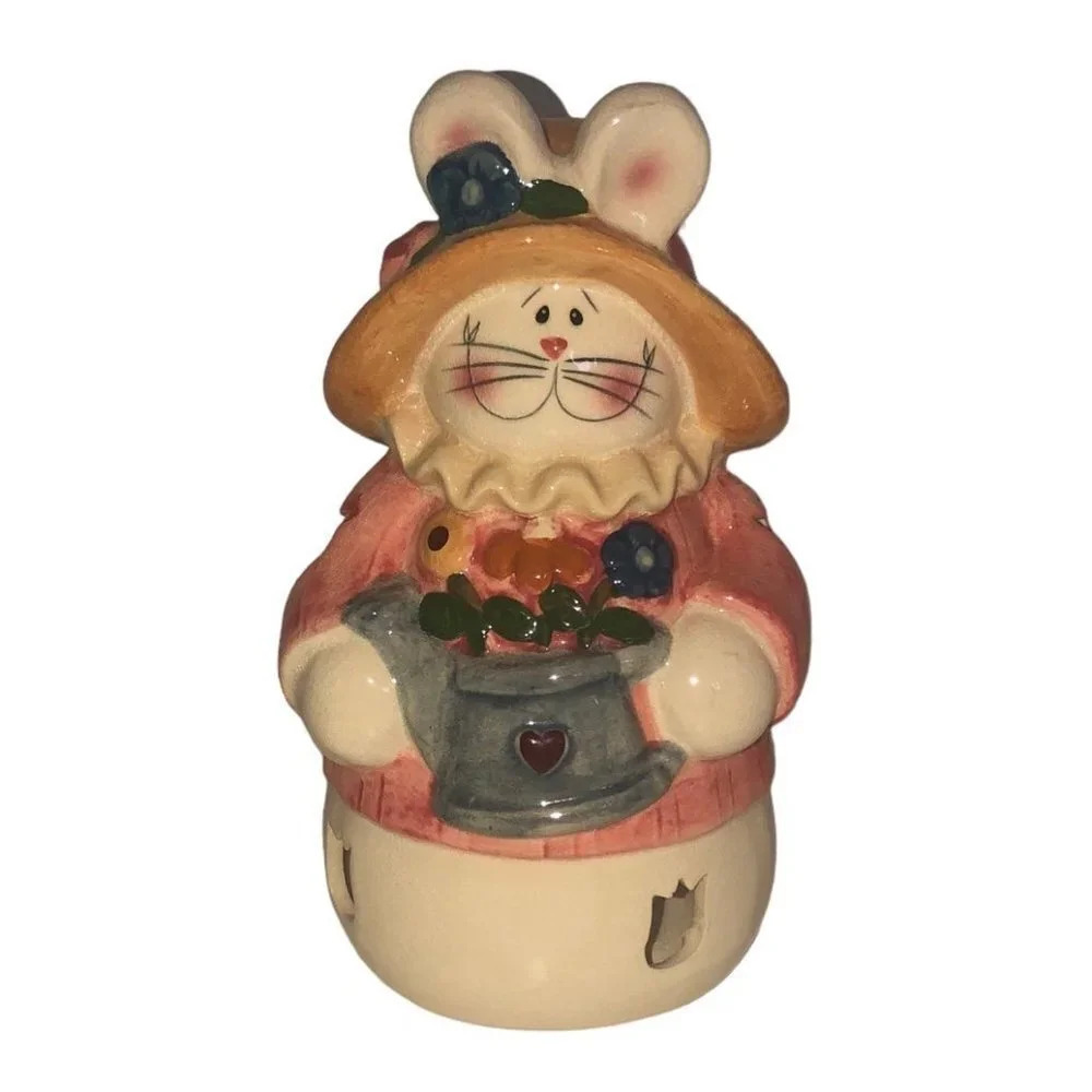 UNKNOWN EASTER BUNNY Tea Light Candle Holder Sprinkling Can Flowers Spring Ceram